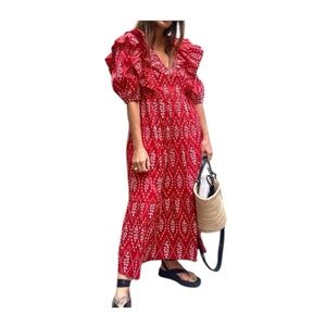 ZARA Red & White Eyelet Ruffle Puff Sleeve Short Sleeve Midi Dress Size XS